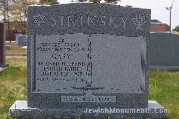 Double Jewish Tombstone with Open Book and Flame design & Jewish emblems